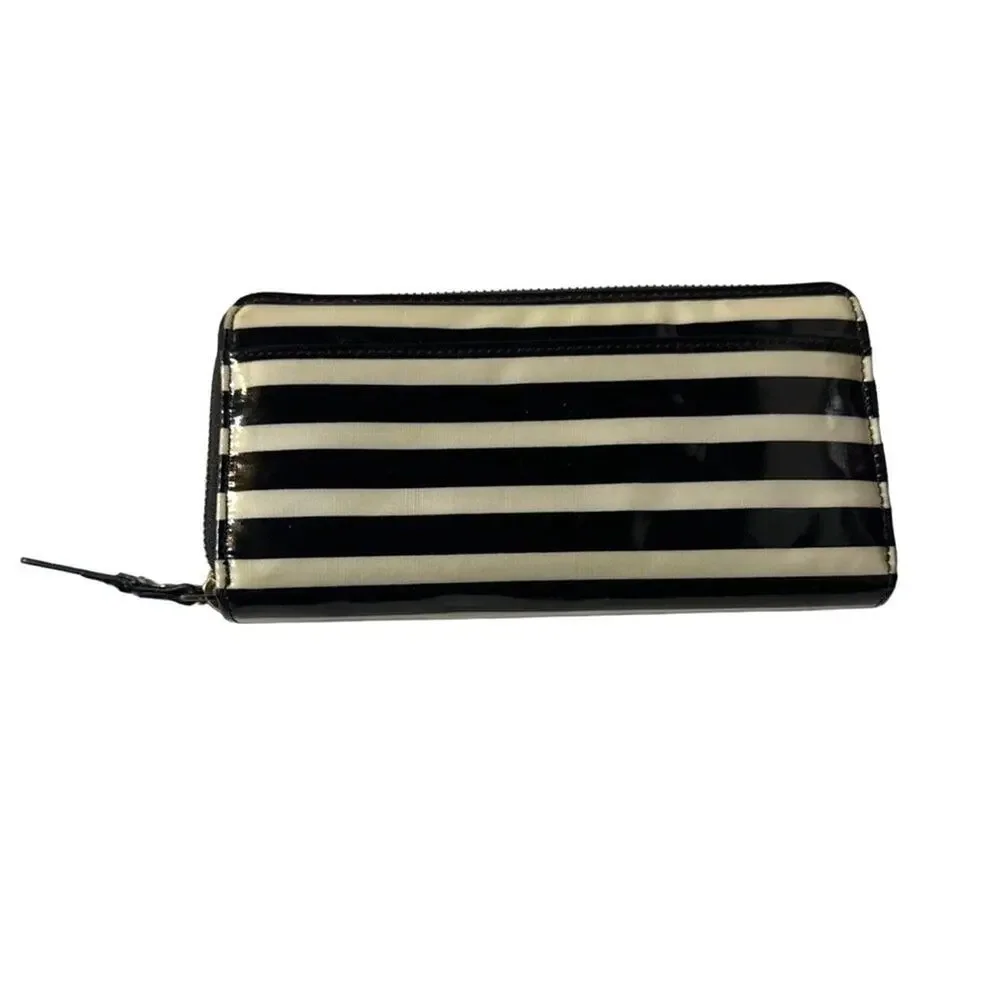 Kate Spade New York Black Cream Stripe Zip Around Wallet Organizer Continental